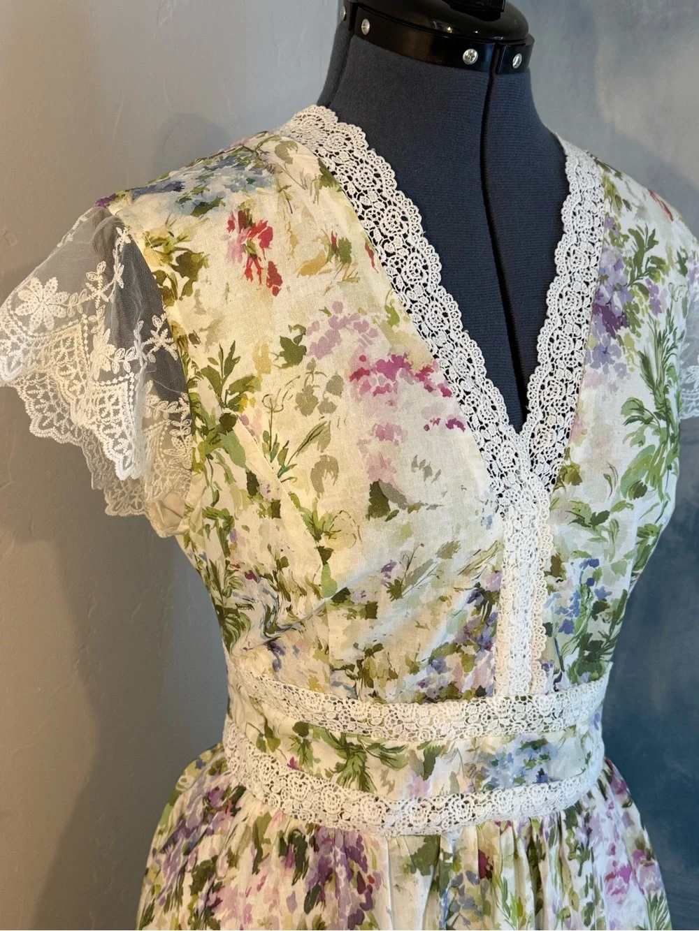 Floral Lace V-Neck Maxi Dress in White and Pastel Floral #260